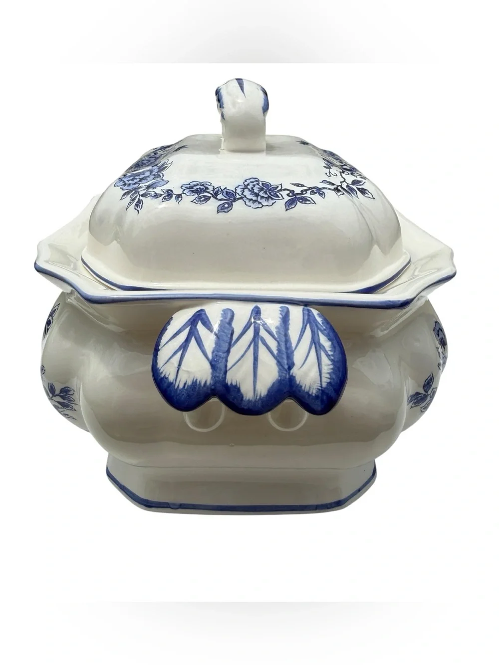 Vintage Blue White Chinoiserie Soup Tureen Ladle Lidded Serving Bowl Floral